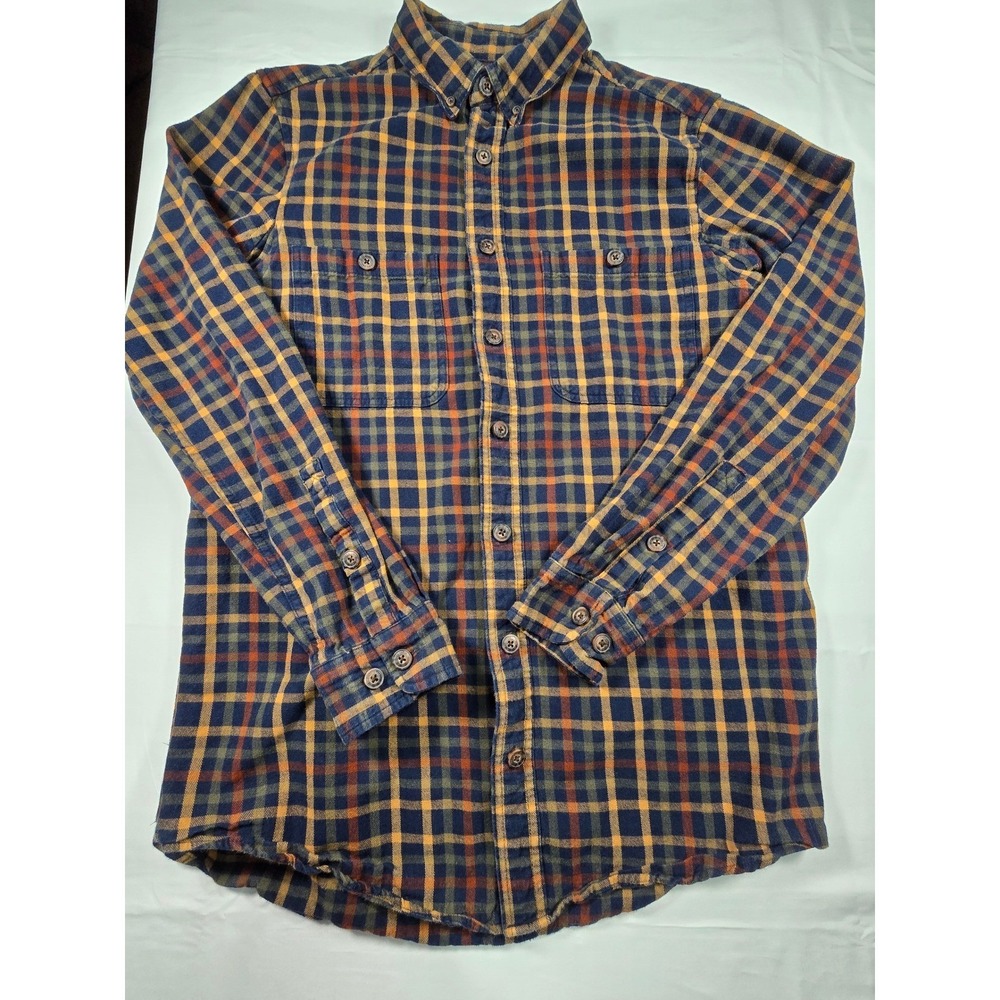 Duluth Trading Co Mens Large Tall Flannel Shirt Plaid Button Down Navy Orange